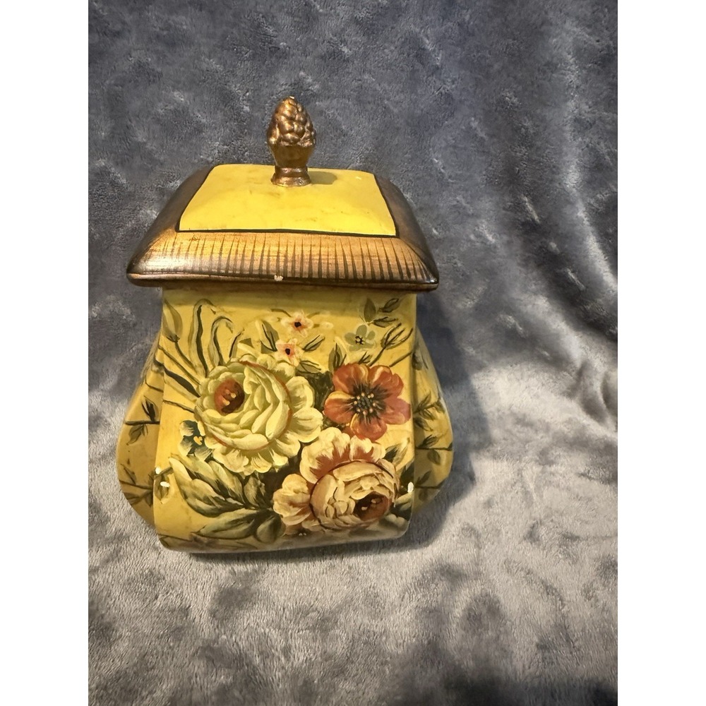 Raymond Waites Vintage Yellow/Gold Floral Ceramic Canister Vase with Lid